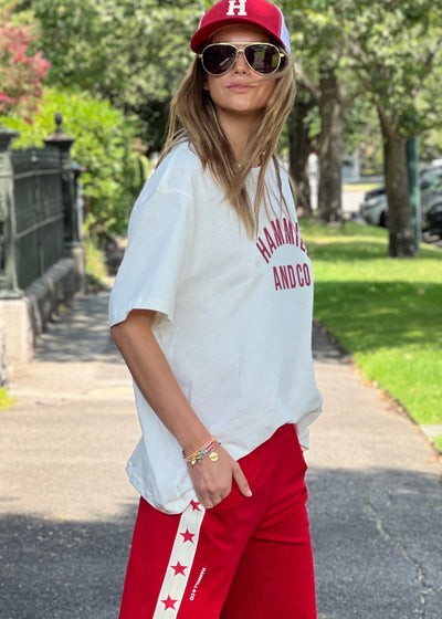 Hammill and Co Varsity logo tee in our standard fit. A warm natural body colour with a deep red Hammill and Co print on the front.