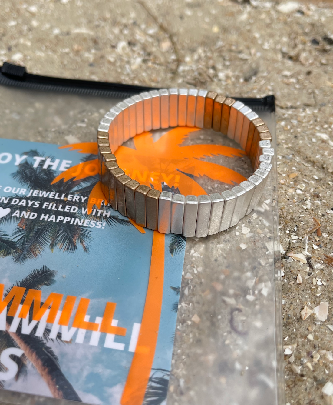 Hammill & Co Statement single elastic cuff bangle in brushed silver and gold.