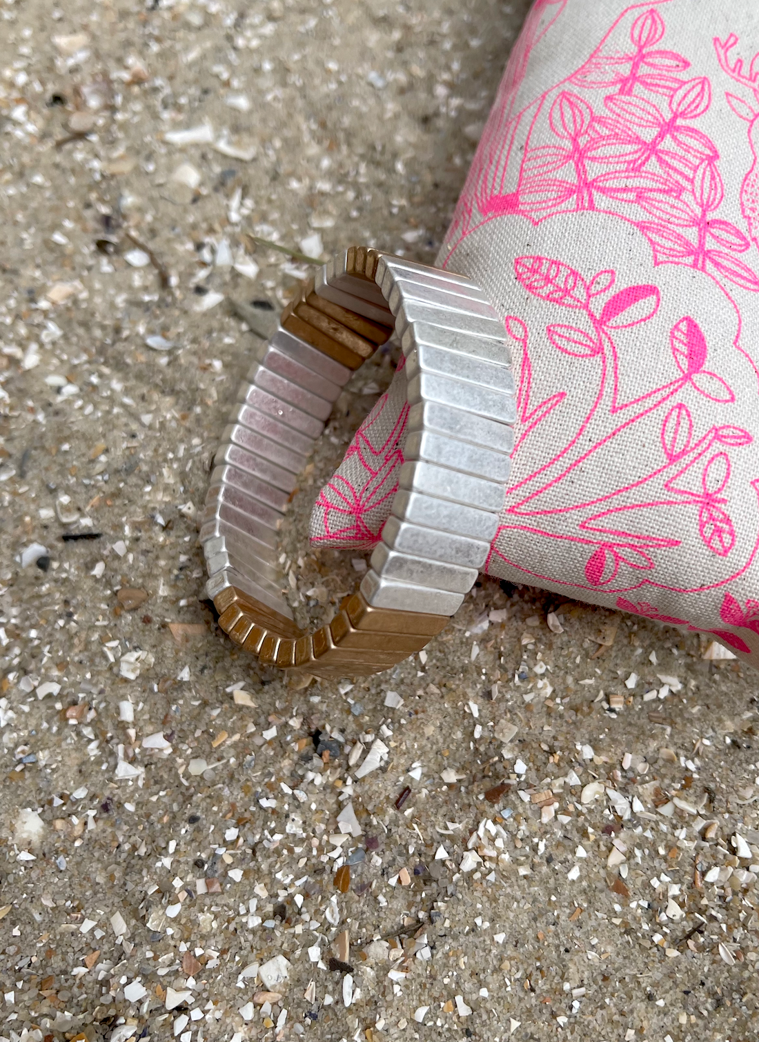 Hammill & Co Statement single elastic cuff bangle in brushed silver and gold.